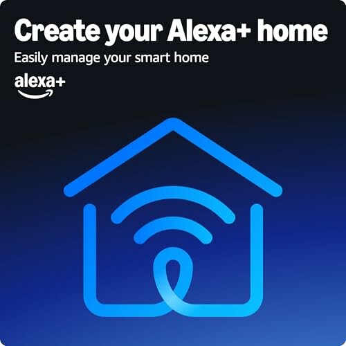 Alexa+ smart home management advertisement with home and Wi-Fi icon.