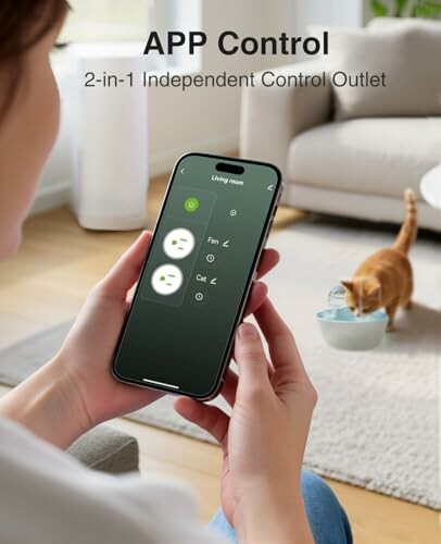 Person using smartphone app to control home devices, cat in background.