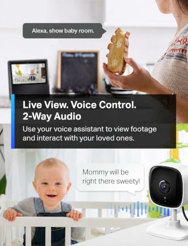 Smart camera with live view and voice control for baby monitoring.