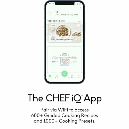 Smartphone displaying the Chef IQ app with guided cooking recipes.