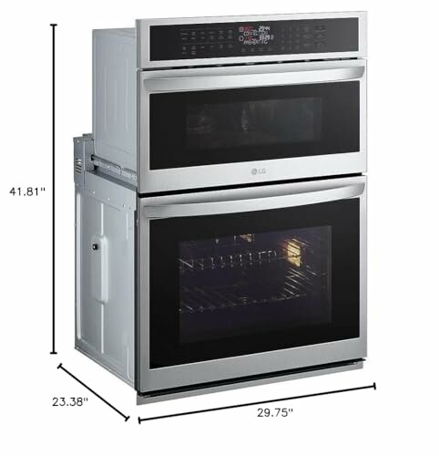 Stainless steel double wall oven with dimensions.