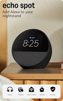 Echo Spot device on a nightstand displaying time and weather.