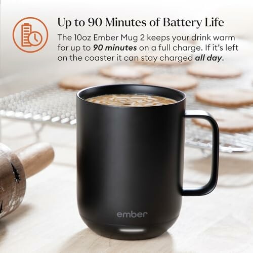 Black Ember mug with coffee, highlighting 90 minutes battery life.