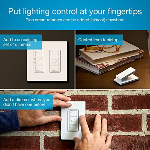 Lighting control with Pico smart remotes on wall and tabletop.