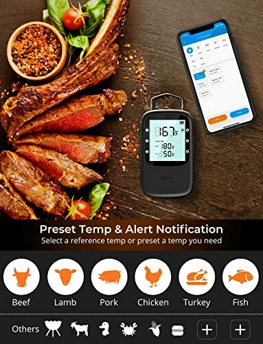 Smart meat thermometer with app interface, steak, and preset options.