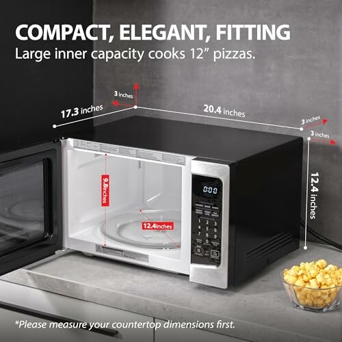 Microwave with dimensions and pizza capacity.