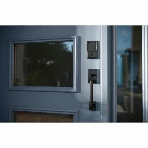 Modern blue door with smart lock and handle
