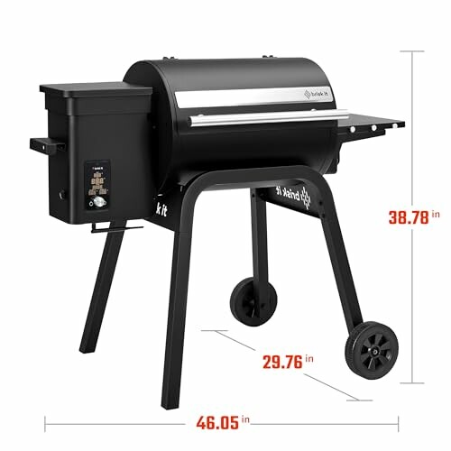 Outdoor pellet grill with dimensions labeled.