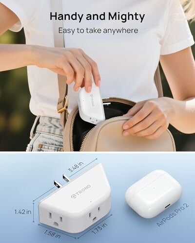 Person placing a TROND portable charger and AirPods Pro 2 into a bag.