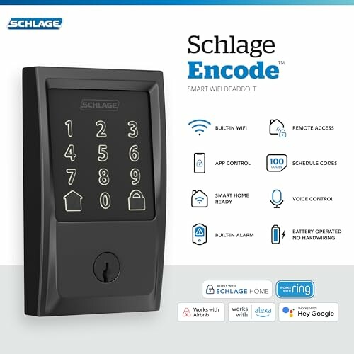 Schlage Encode smart WiFi deadbolt with features like built-in WiFi, remote access, and voice control