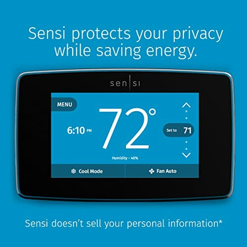 Sensi thermostat displaying temperature and privacy message.