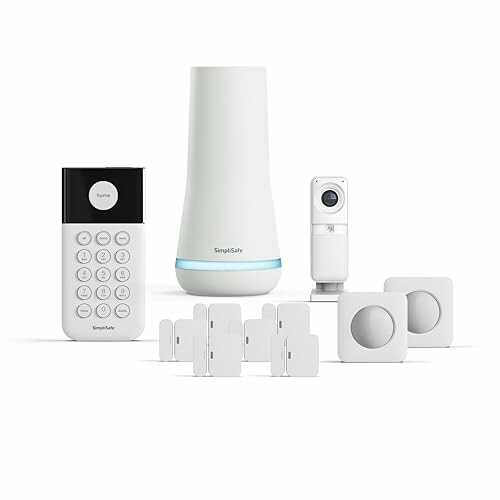 SimpliSafe home security system with base station, keypad, camera, and sensors.