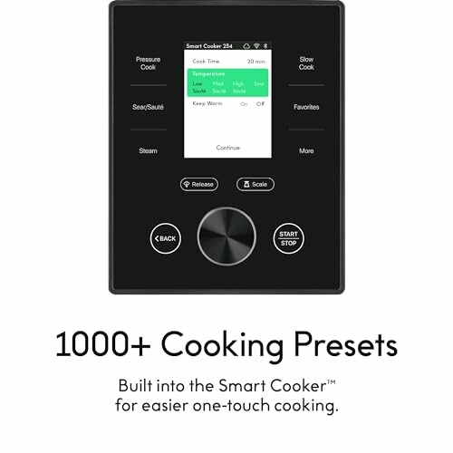 Smart cooker display with multiple cooking presets and controls.
