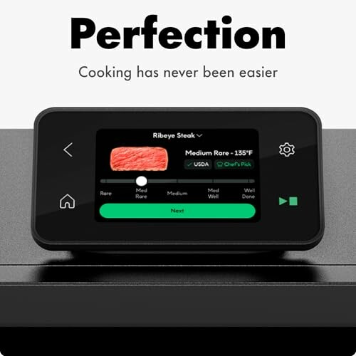 Smart cooking device displaying ribeye steak cooking status.