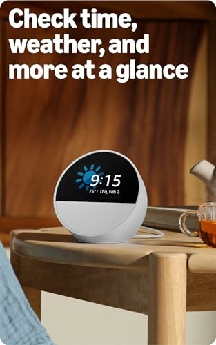 Smart display showing time and weather on a table.