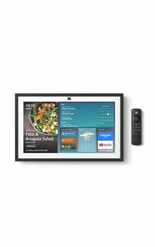 Smart display showing a salad recipe, weather, and apps with remote control.
