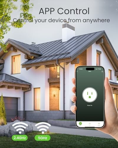 Hand holding smartphone with smart home app controlling house devices.