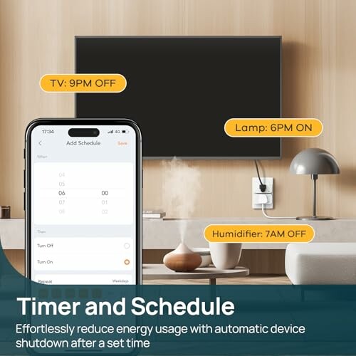 Smart home device scheduling interface with TV, lamp, and humidifier settings.