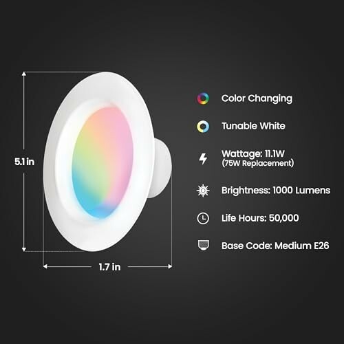 Smart LED downlight specifications with color changing and tunable white features.