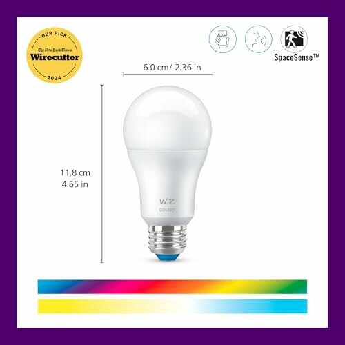 WiZ smart light bulb with dimensions and color spectrum providing high-quality lighting solutions.