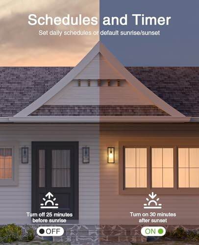 Smart lighting schedule and timer with house at sunset and sunrise.