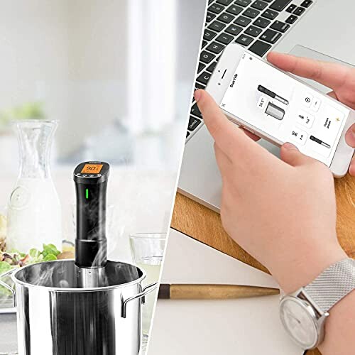 Smartphone controlling a sous vide cooker in a pot.