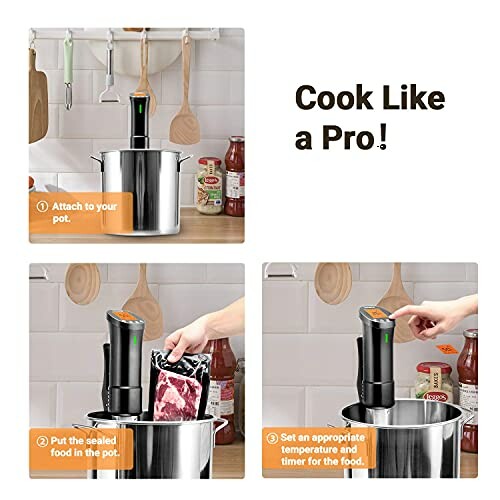 Steps to use a sous vide device with a pot and sealed food.