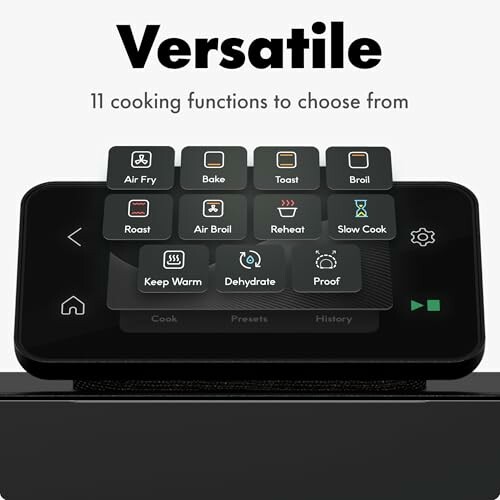 Touchscreen with 11 cooking function icons including air fry, bake, toast, and more.