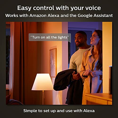 A couple using voice control to turn on lights with Alexa and Google Assistant.