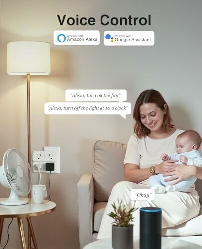 Woman with baby using voice control for smart home devices.