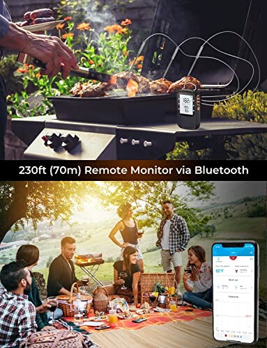 Wireless BBQ thermometer monitoring meat on grill with smartphone app.