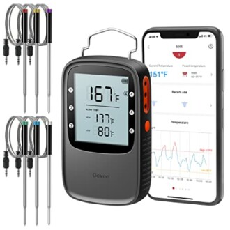 Wireless meat thermometer with smartphone app display and probes.