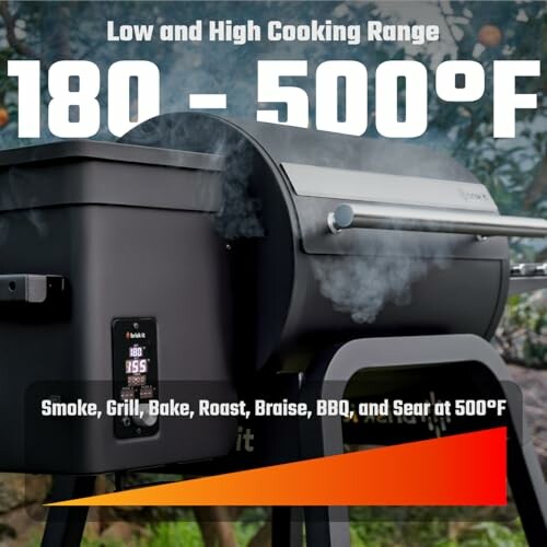 Wood-fired grill with temperature range of 180 to 500 degrees Fahrenheit for versatile cooking.